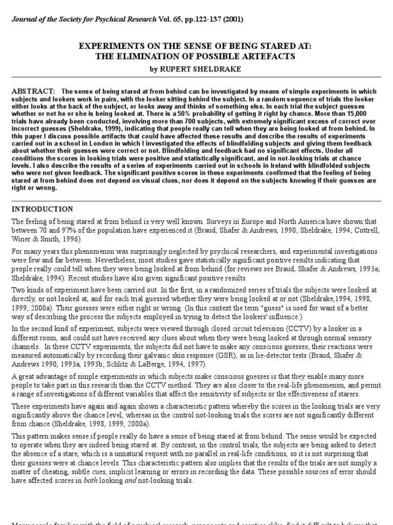 Rupert Sheldrake Sense of Being Stared at PDF Experiment P Value