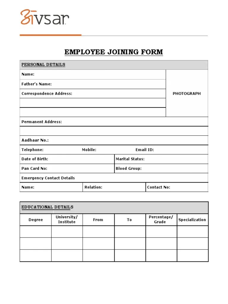 Employee Joining Form Personal Details PDF