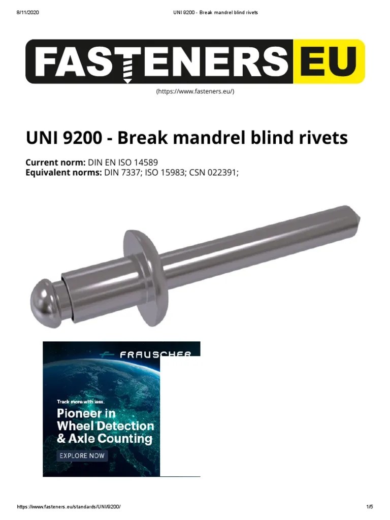 UNI 9200 Break Mandrel Blind Rivets Current Norm DIN EN ISO 14589