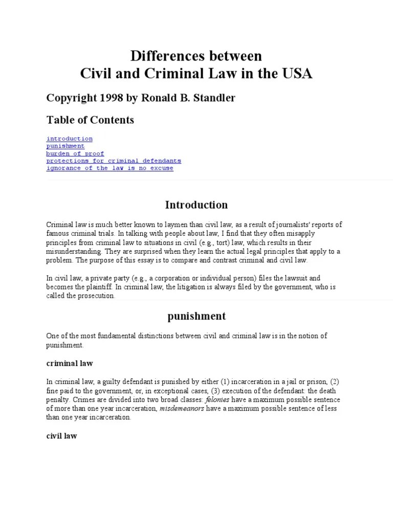 Differences Between Civil and Criminal Law in The USA PDF Burden Of Proof (Law) Lawsuit