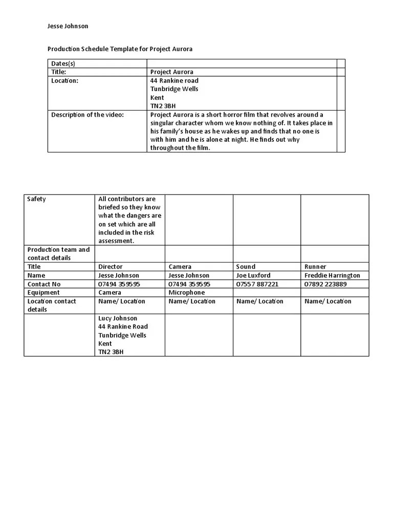 Production Schedule Template PDF