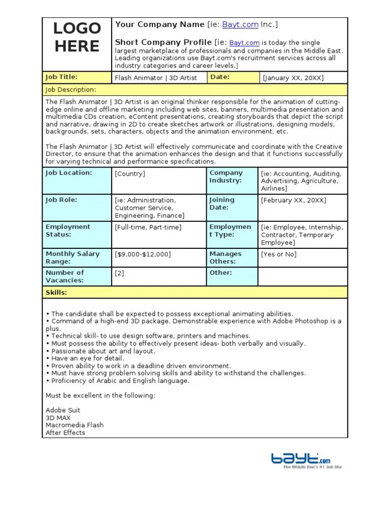 Flash Animator 3D Artist Job Description PDF Employment Animation