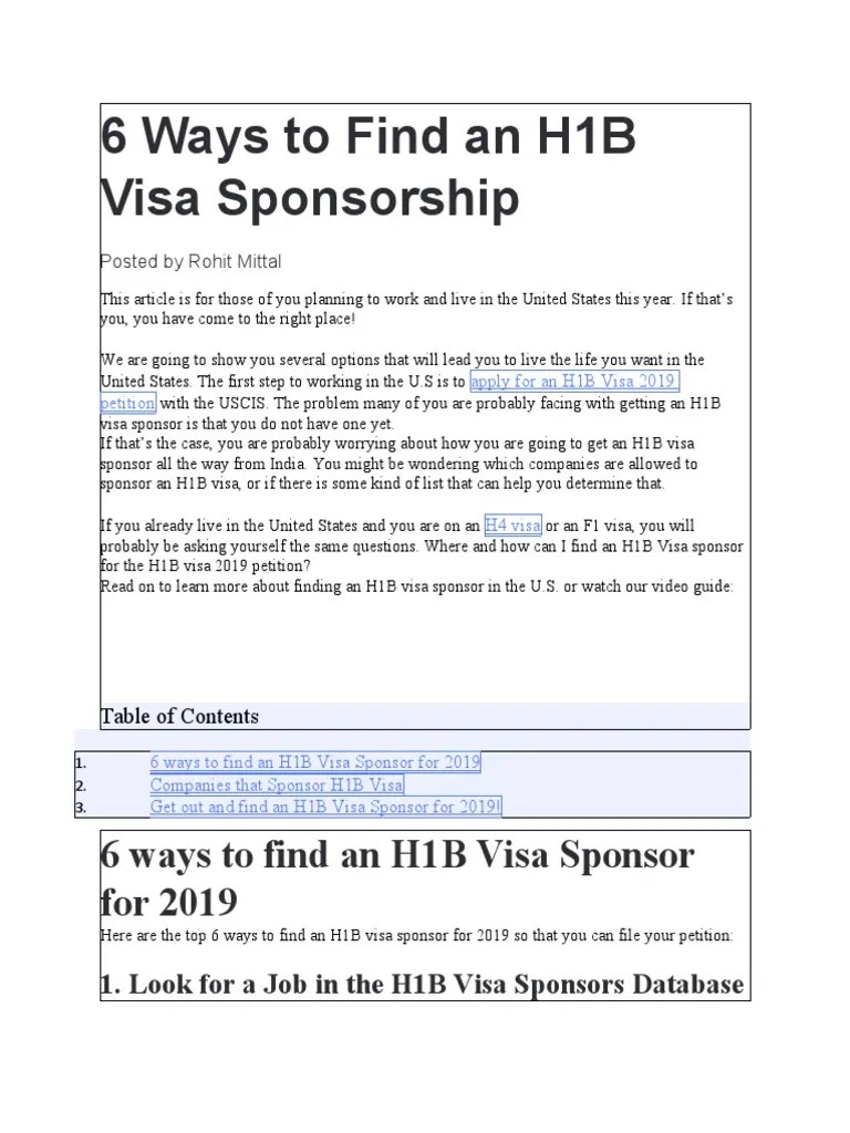 6 Ways To Find An H1B Visa Sponsor For 2019 PDF H 1 B Visa Business