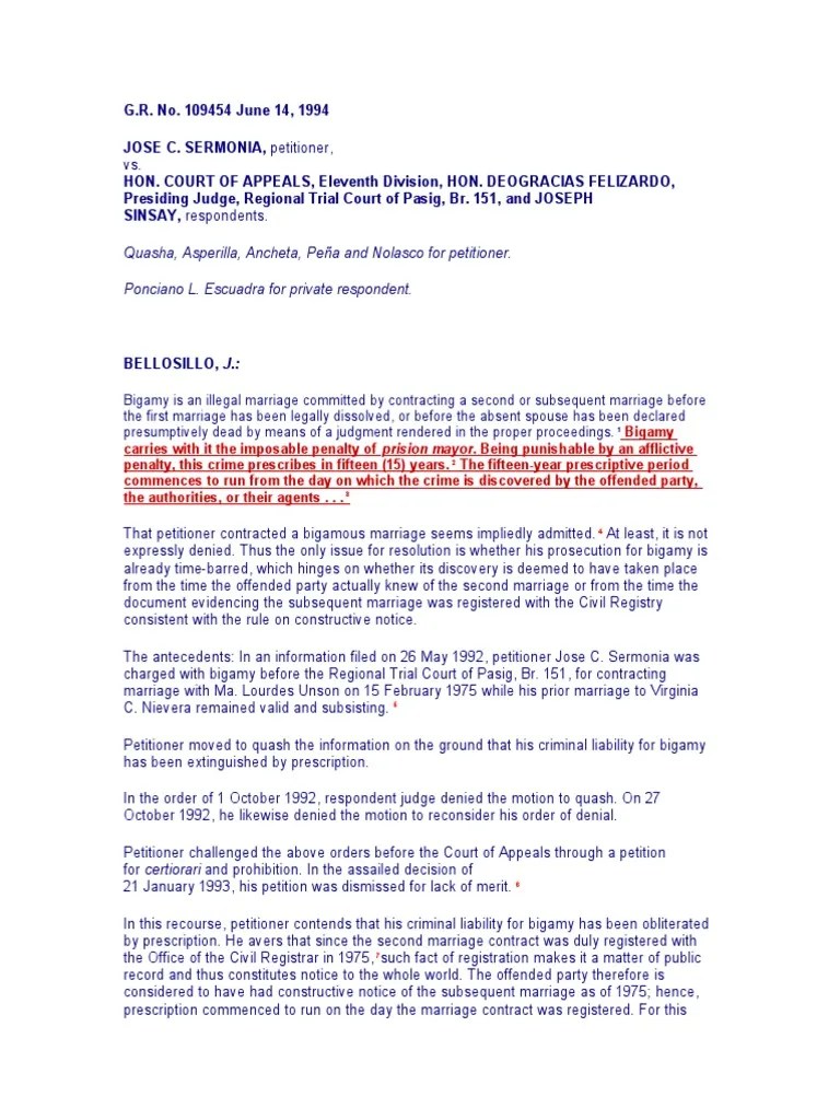 bigamy_prescription_juris PDF Statute Of Limitations Marriage