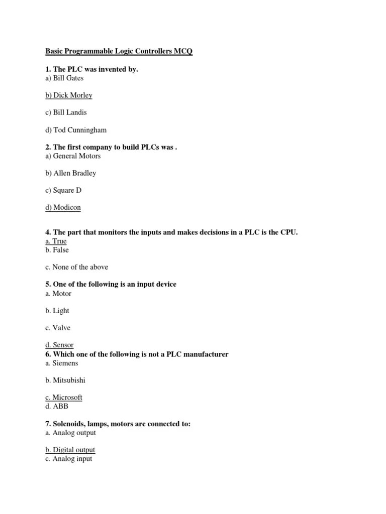 MCQ On Basic PLC PDF Programmable Logic Controller Relay