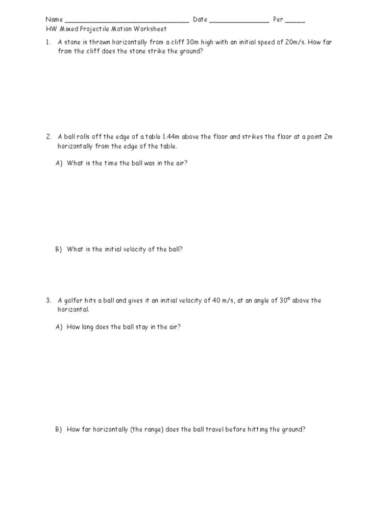 HW 18 Mixed Projectile Motion Worksheet PDF
