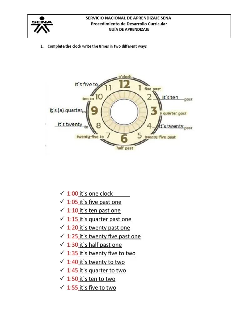 Complete The Clock Write The Times in Two Different Ways PDF