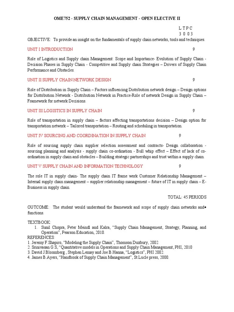OME752 Supply Chain Management Syllabus PDF Supply Chain Supply
