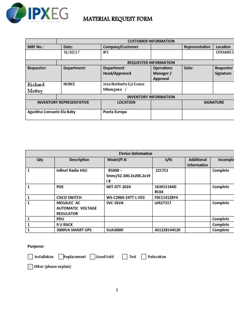 Material Request Form Richard Mottey PDF Electrical Engineering
