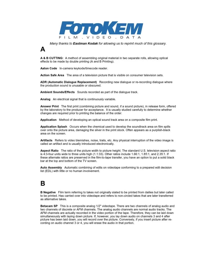 Film Terms (Glossary) Video Sound Recording And Reproduction