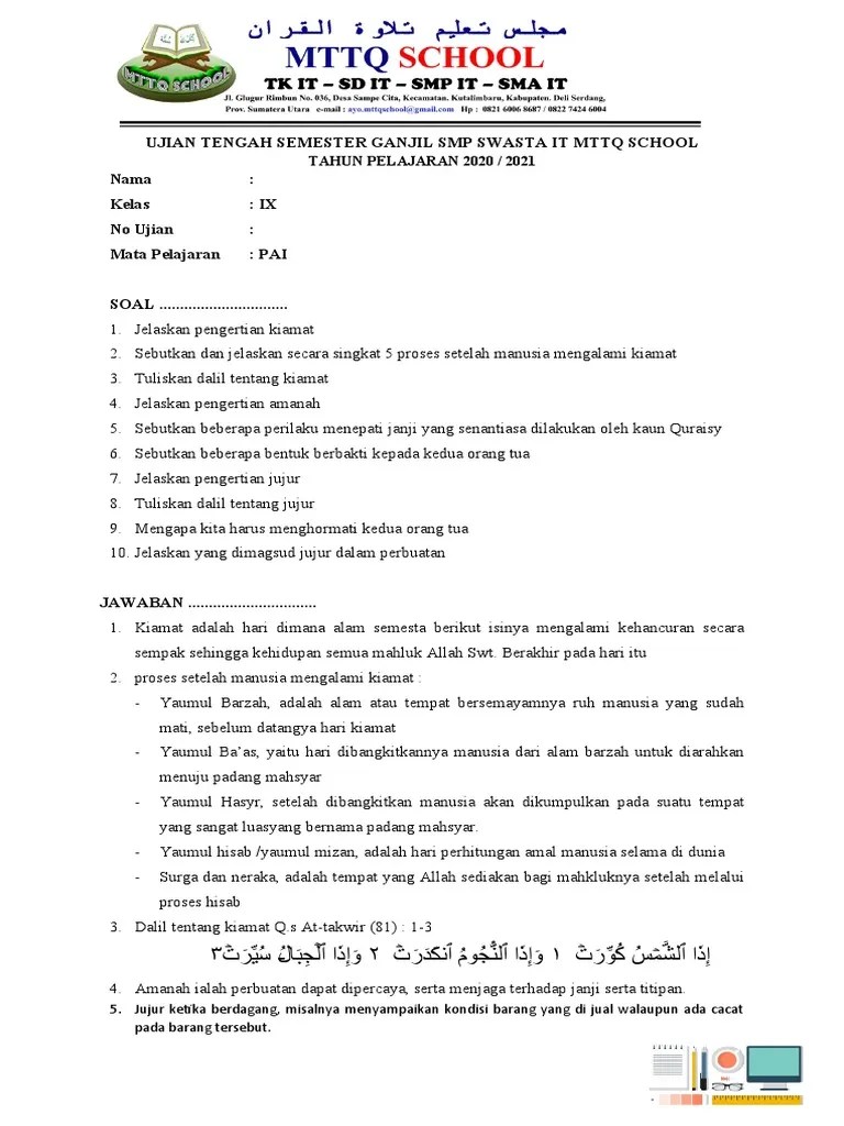 Soal Dan Jawaban Mid Pai &amp; BP Semester Ganjil Kelas 9 | PDF