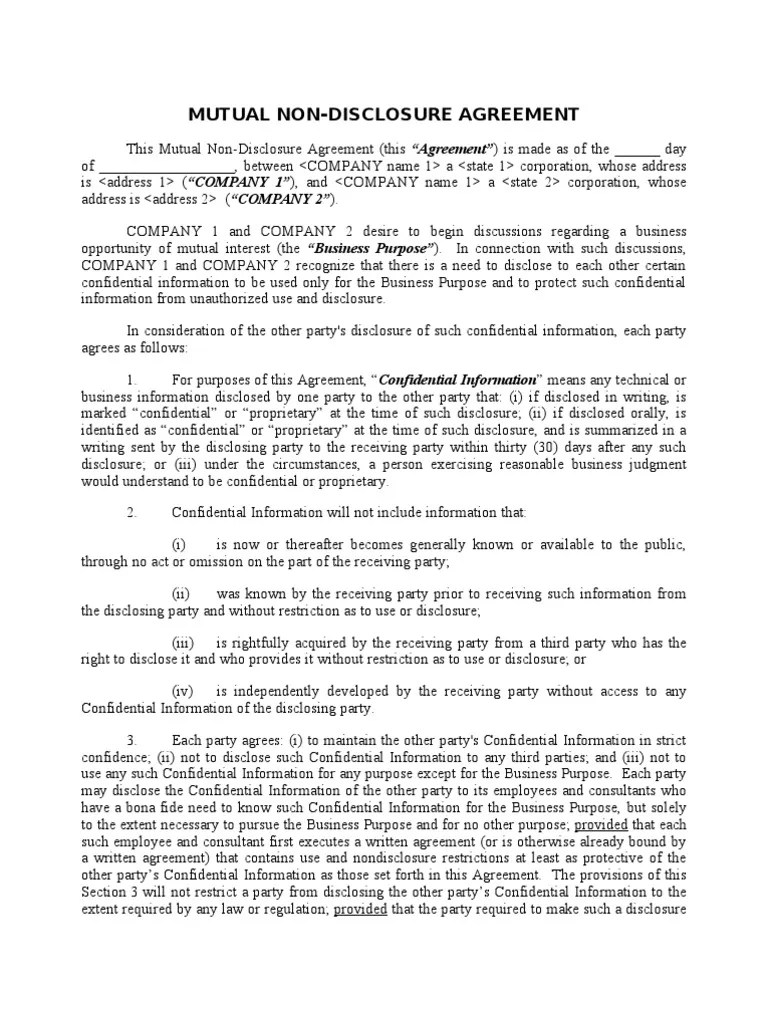 Generic Mutual NDA PDF Non Disclosure Agreement Confidentiality