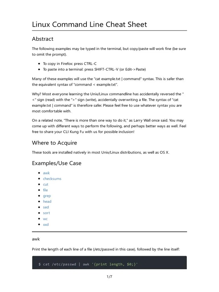 Linux Command Line Cheat Sheet Awk Checksums Cut File Grep Head Sed