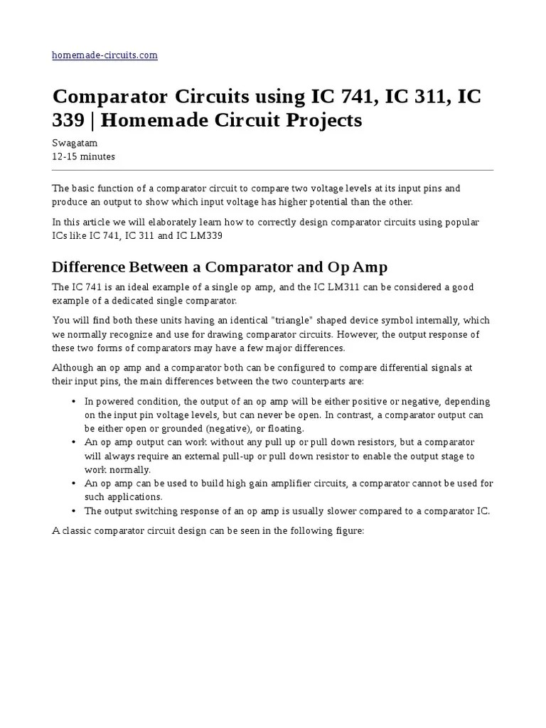 Comparator Circuits Using IC 741, IC 311, IC 339 PDF Operational