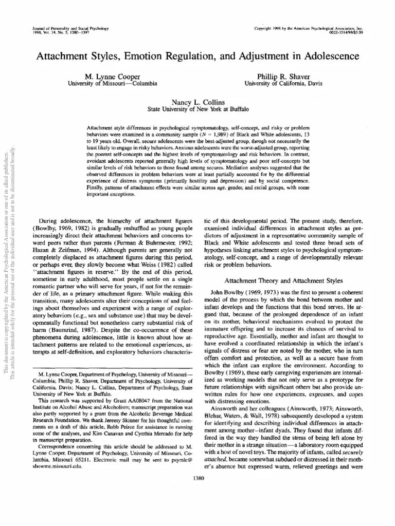 Attachment Styles, Emotion Regulation, and Adjustment in Adolescence