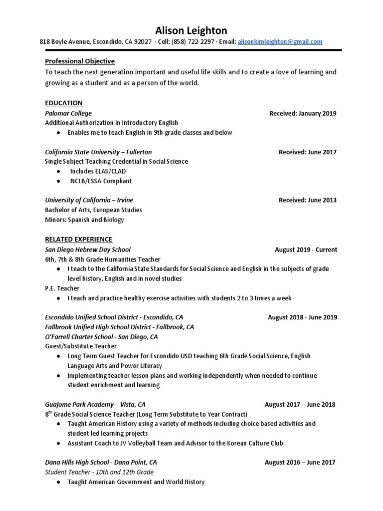Resume Csuf 2020 PDF Teachers Lesson Plan
