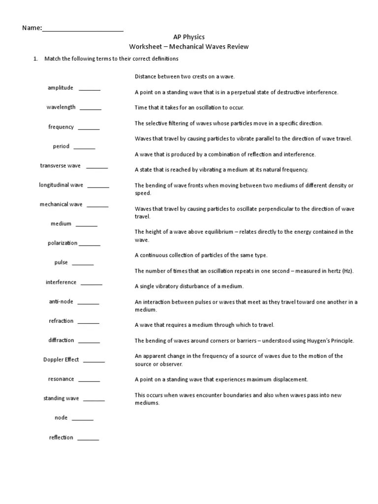 Name AP Physics Worksheet Mechanical Waves Review PDF Waves