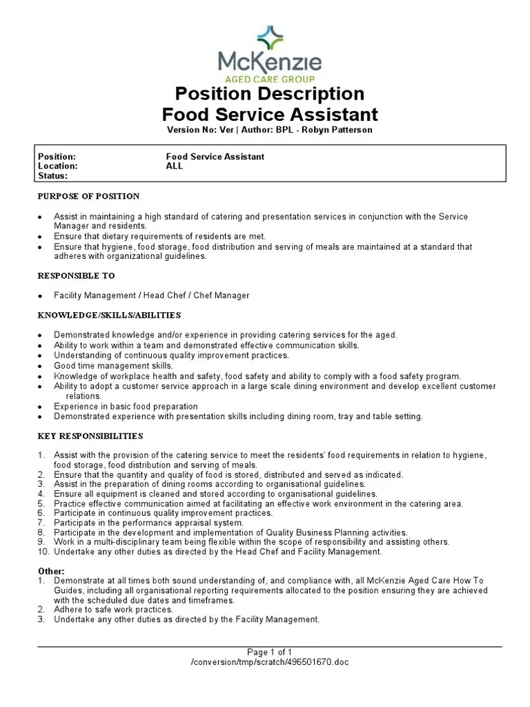 Position Description Food Service Assistant PDF Food Safety Foods