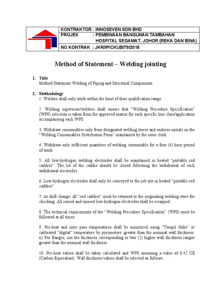 Method of Statement Welding Jointing PDF Welding Construction