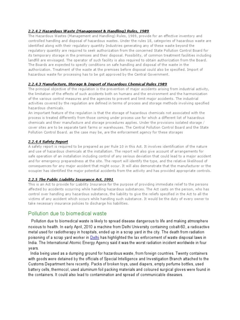 Pollution Due To Biomedical Waste 2.2.4.2 Hazardous Waste (Management