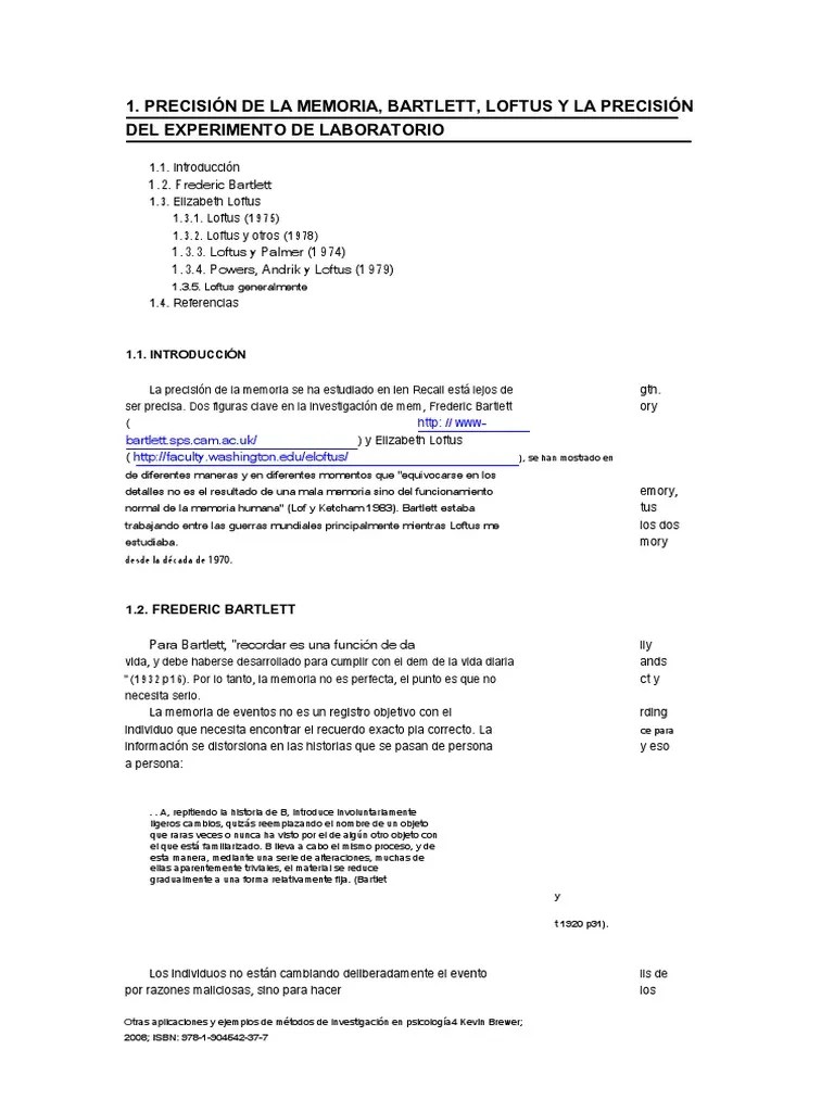 Memory Accuracy Bartlett Loftus Lab Experiment En.es PDF Memoria
