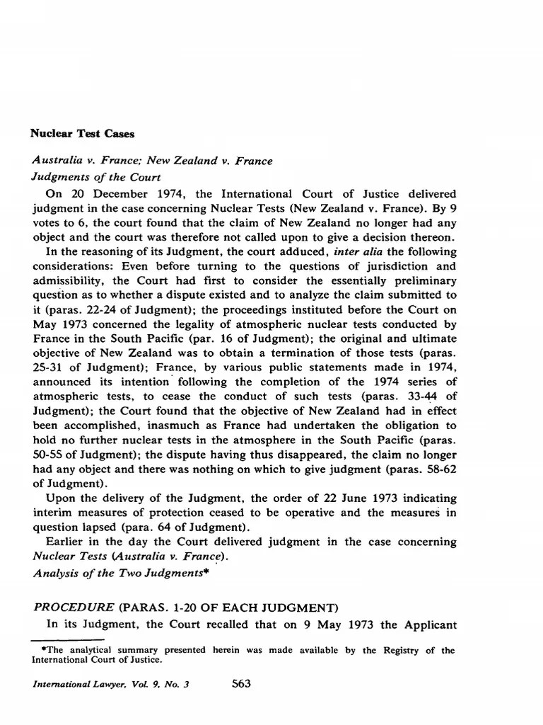 ICJ Nuclear Test Cases (Australia v. France New Zealand v. France) Case