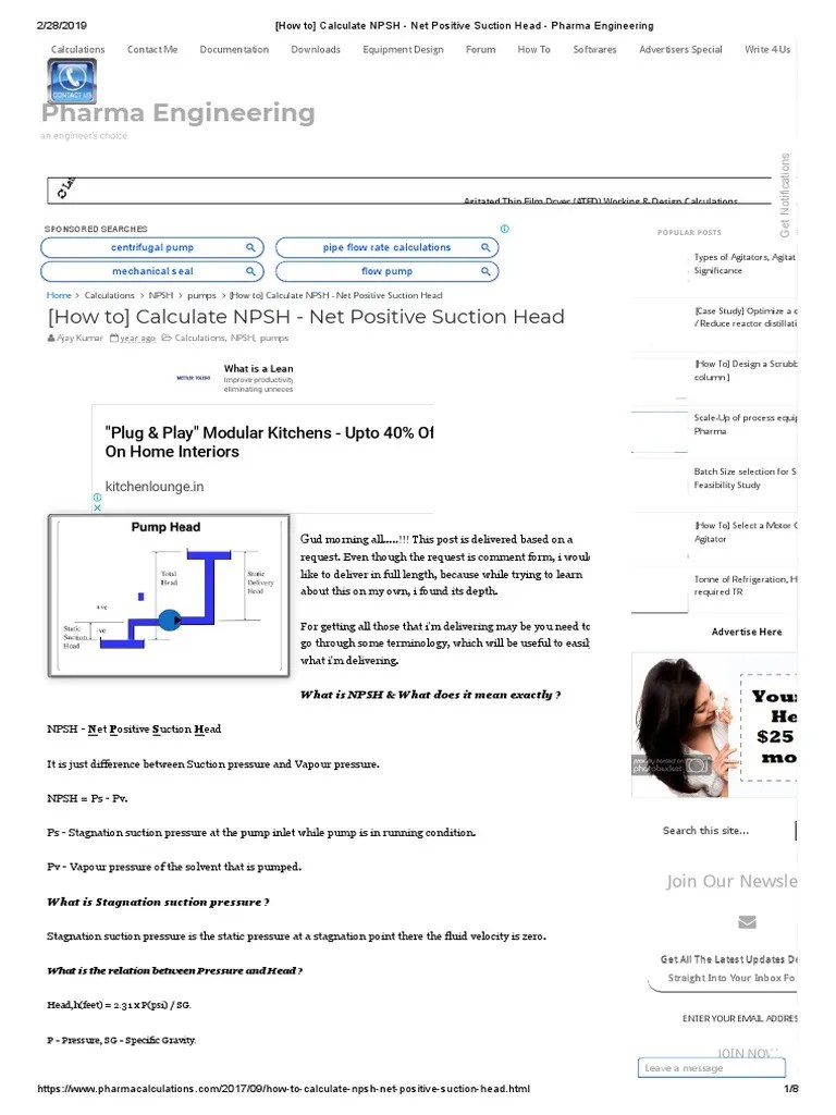 Pharma Engineering (How To) Calculate NPSH Net Positive Suction Head