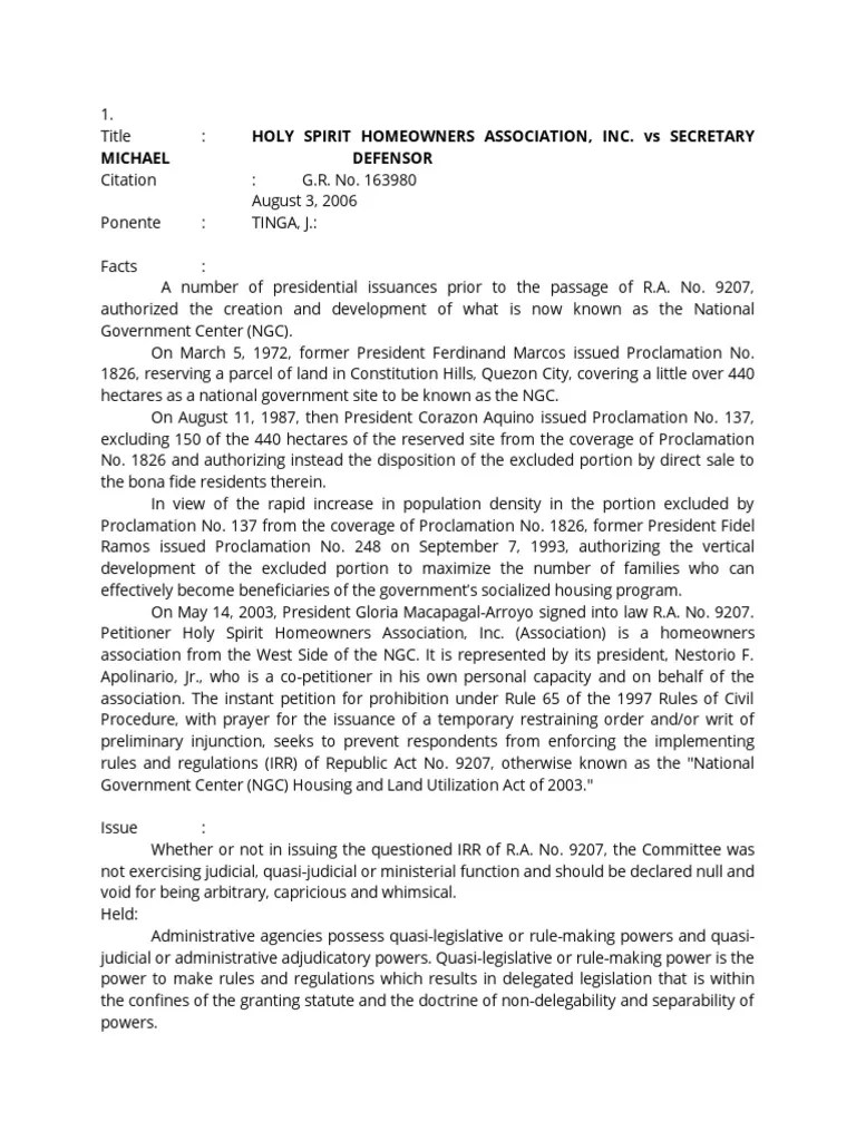 Holy Spirit Homeowners Association, Inc. Vs Secretary Michael Defensor