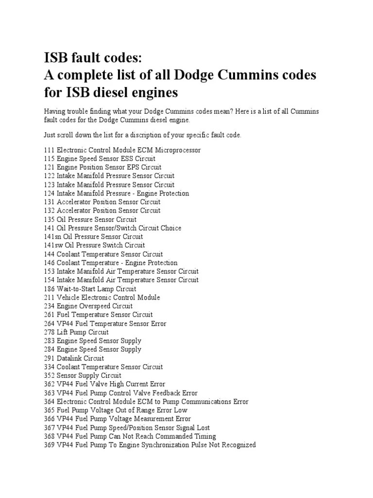 ISB Fault Codes A Complete List of All Dodge Cummins Codes For ISB