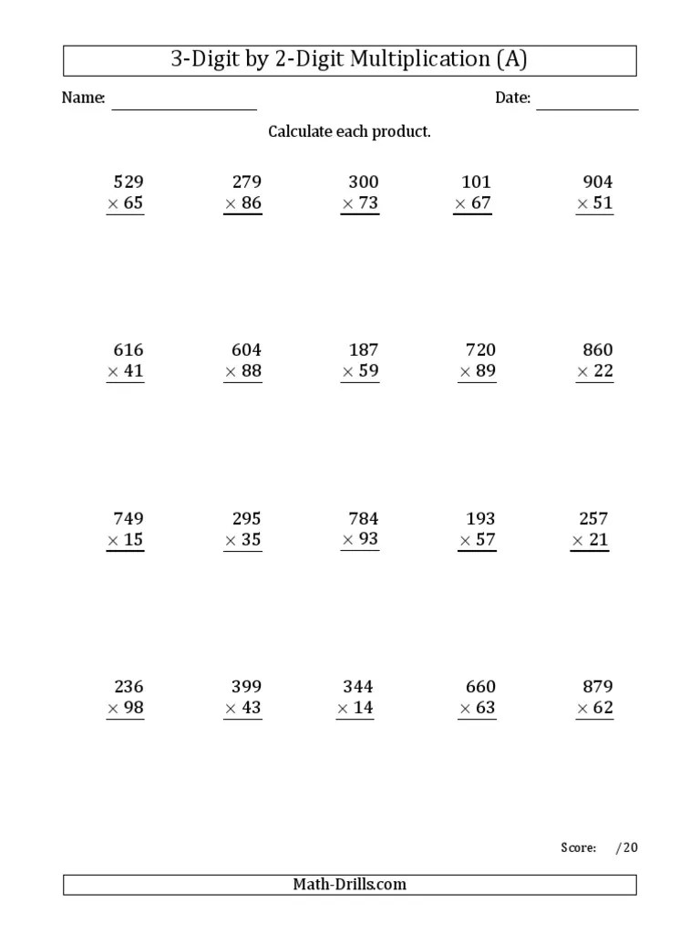 Long Multiplication Worksheet Multiplying 3Digit by 2Digit Numbers PDF Multiplication