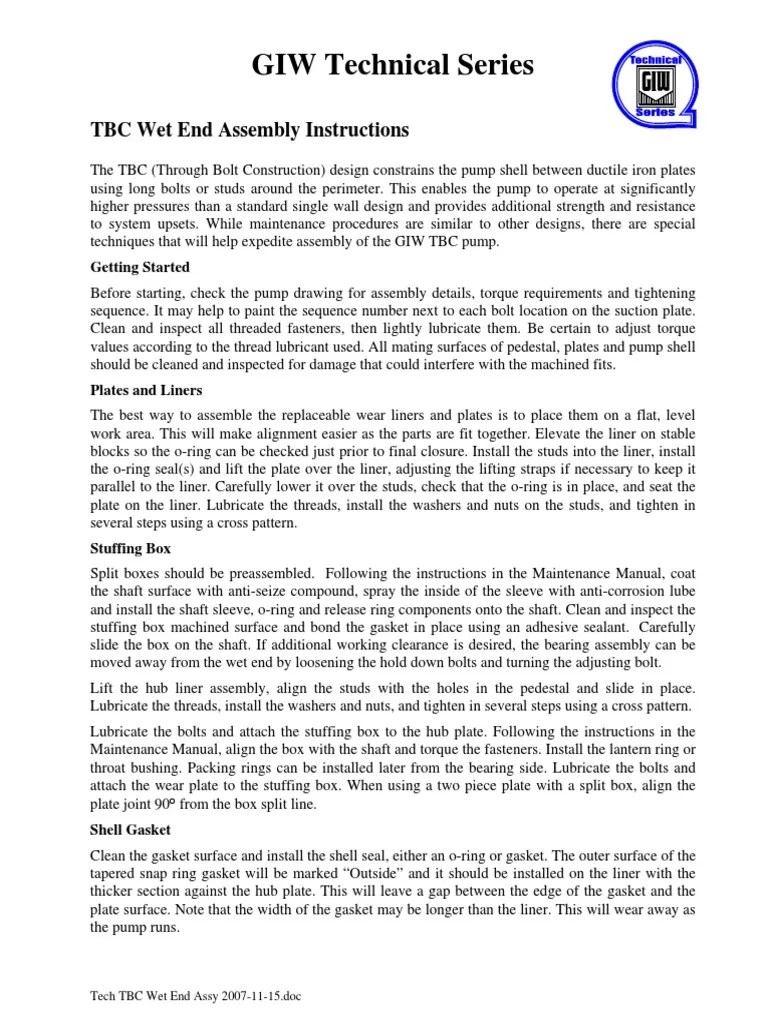 GIW Technical Series TBC Wet End Assembly Instructions PDF Nut
