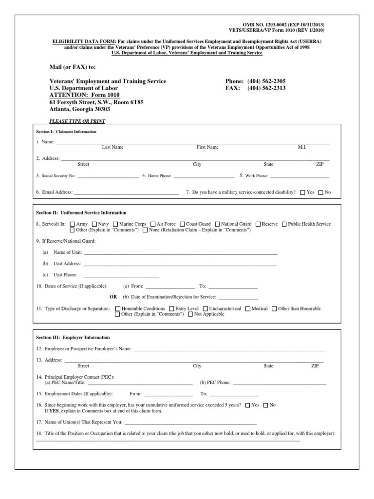 VETS/USERRA/VP Form 1010 (REV 1/2010) Military Discharge United