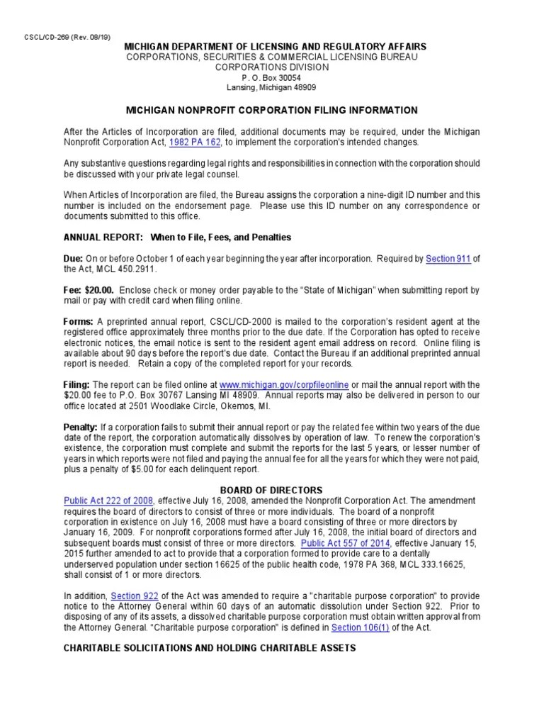 Michigan Nonprofit Corporation Filing Information P. O. Box 30054