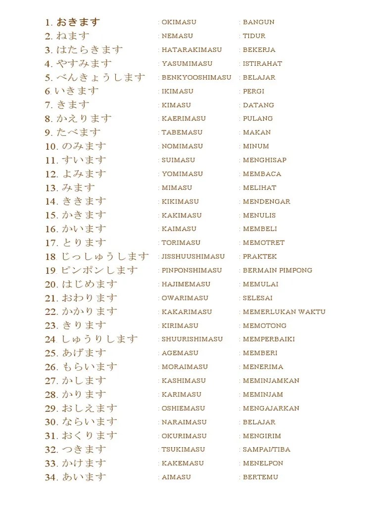 Kosakata Kerja Bahasa Jepang Bentuk Masu | PDF