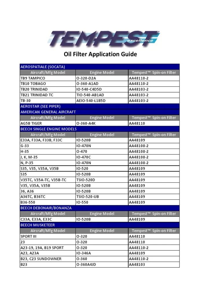Tempest Oil Filter Application Guide PDF Vehicle Design Aerospace