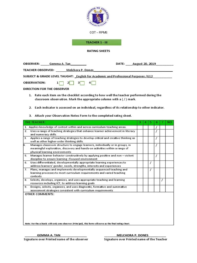 Cot Form 1 PDF Curriculum Educational Assessment
