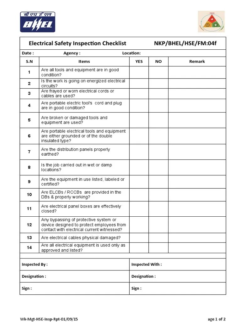 Electrical Safety Inspection ChecklistF PDF Equipment Wire