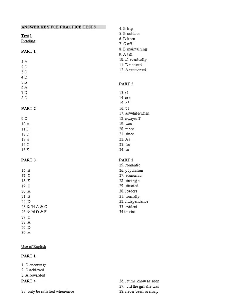 Answer Key Fce Practice Tests Test 1 Reading Part 1 1 A | PDF
