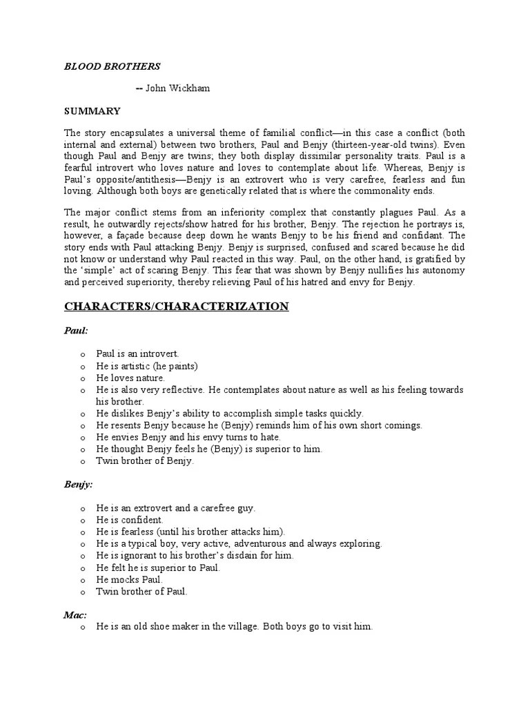 Characters/Characterization Blood Brothers John Wickham PDF