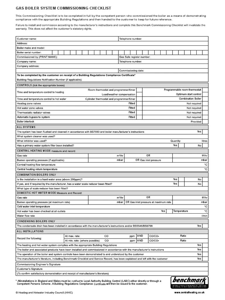 Fdocuments in Gas Boiler System Commissioning Checklist Gas Boiler