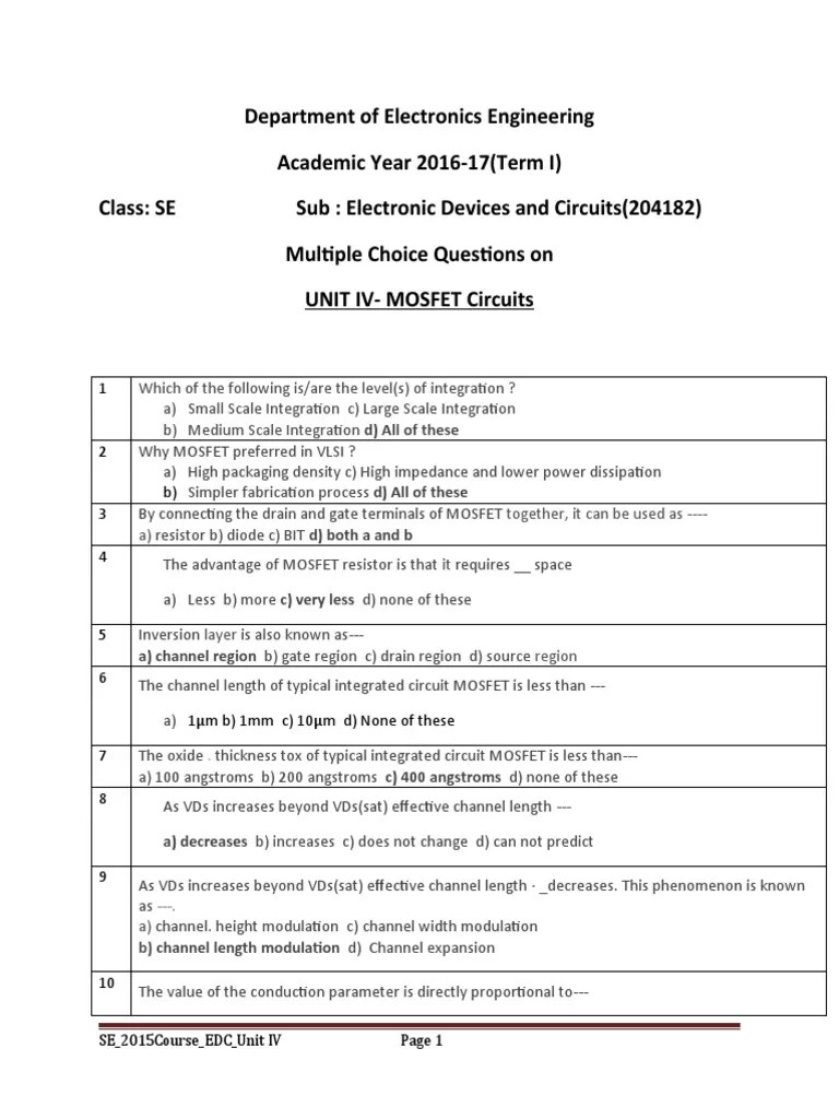 Unit IV MCQs PDF Field Effect Transistor Mosfet