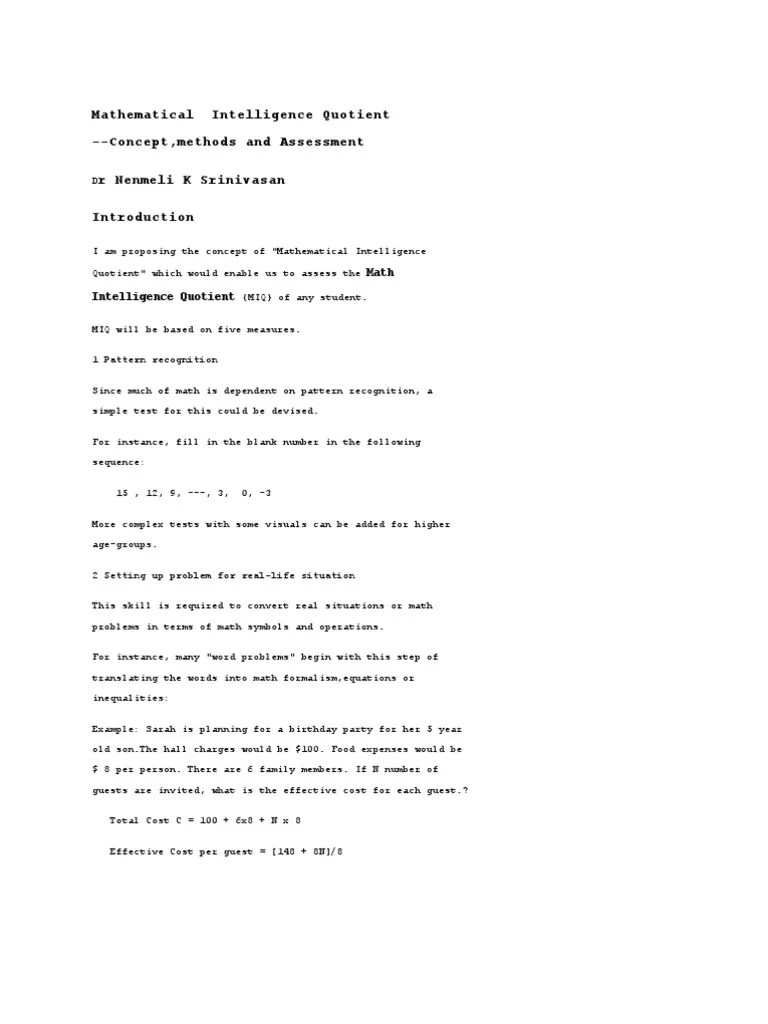 Mathematical Intelligence Quotientconcept,method &amp; assessment