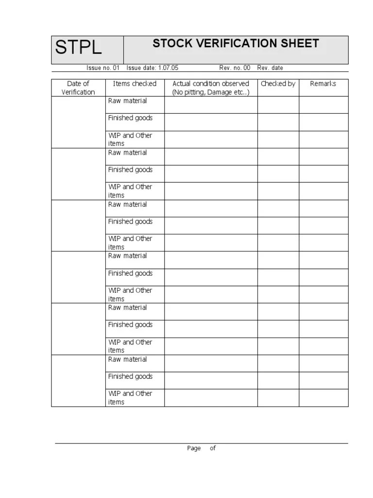 PP Stock Verification Sheet PDF