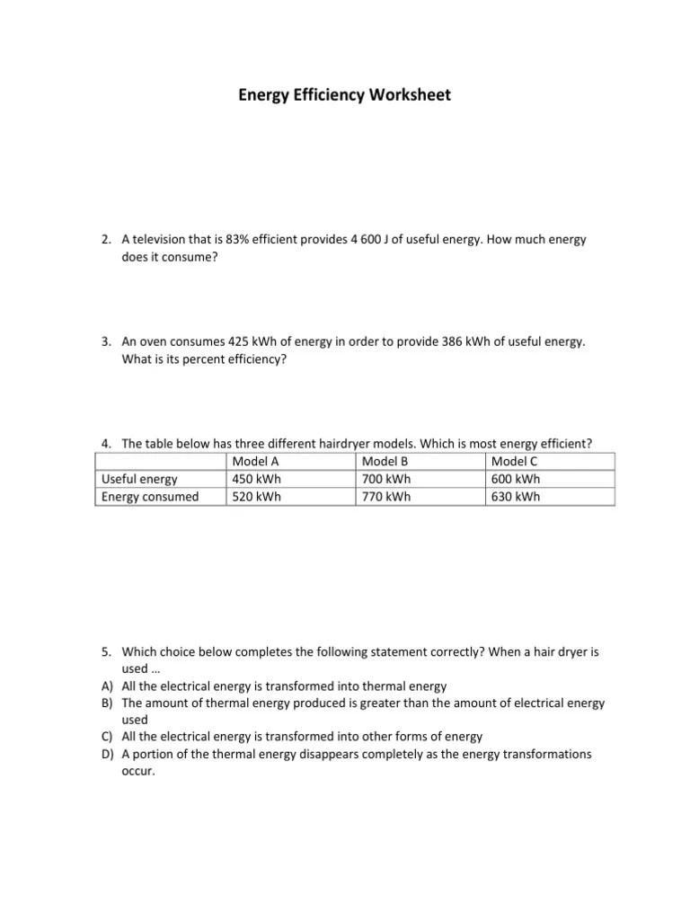 Energy Efficiency Worksheet PDF Furnace Water Heating