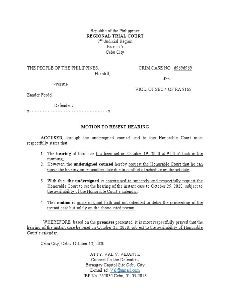 Vejante's Motion To Reset Hearing PDF Legal Procedure Public Sphere