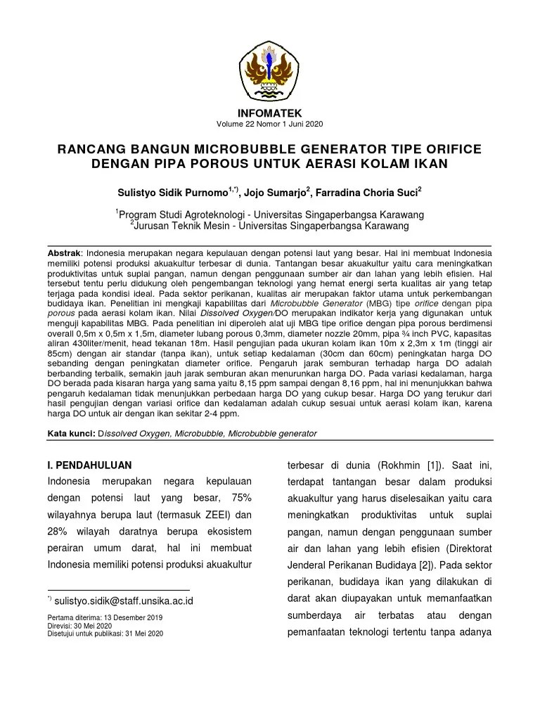 Rancang Bangun Microbubble Generator Tipe Orifice Dengan Pipa Porous Untuk  Aerasi Kolam Ikan | PDF
