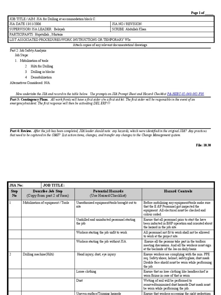 Jsa For Drilling. PDF Safety Prevention