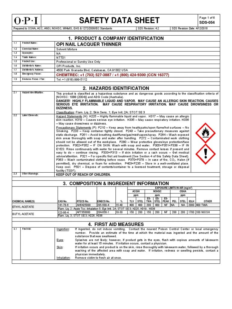 Safety Data Sheet 1. Product & Company Identification Opi Nail Lacquer