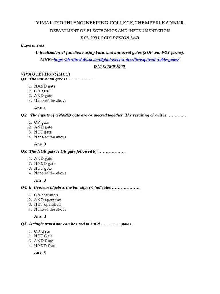 12.1 Virtual Lab Link and Viva Questions (MCQ) For PART A PDF Logic