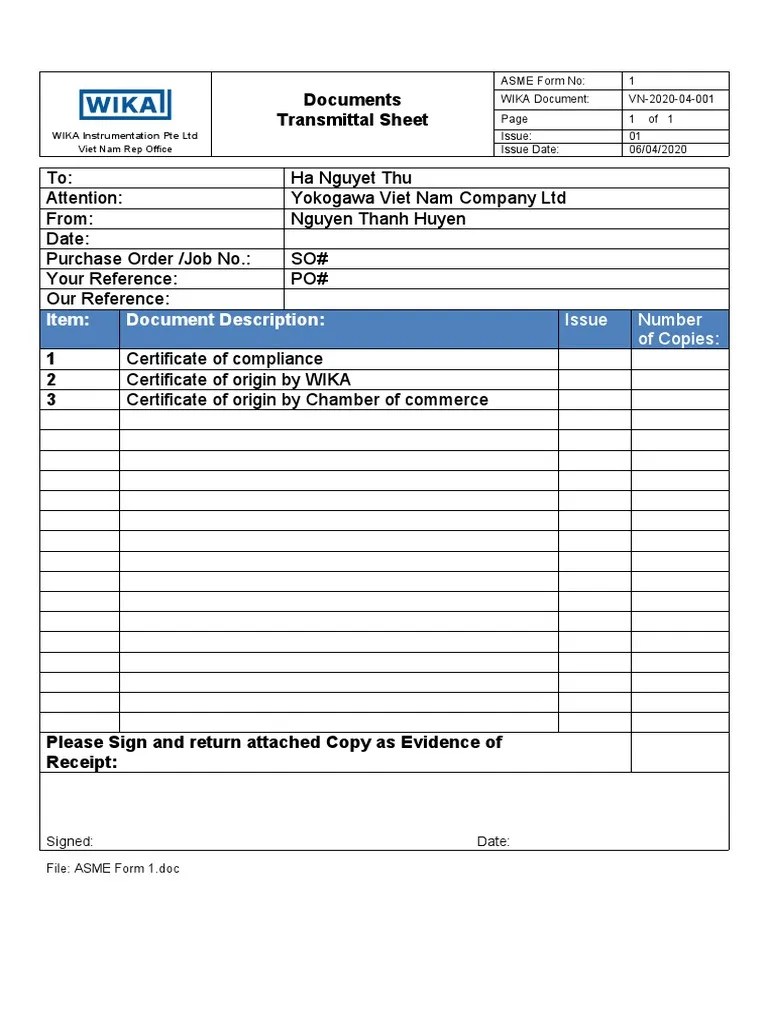 Asme Quality Control Manual Transmittal Sheet PDF